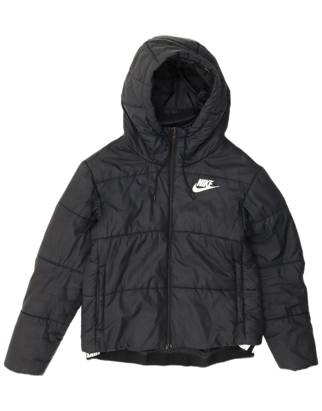 Nike Womens Graphic Hooded Padded Jacket UK 14 Medium Navy Blue Polyester