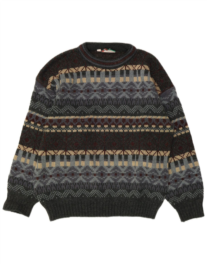 Vintage Mens Crew Neck Jumper Sweater UK 38/40 Medium Grey Fair Isle