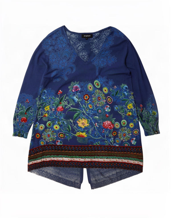 Desigual Womens Long Sleeve Tunic Dress UK 16 Large Blue Floral Viscose