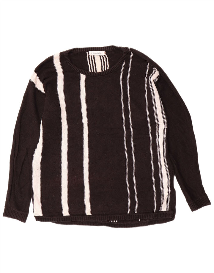 CALVIN KLEIN Mens Boat Neck Jumper Sweater Medium Black Striped Cotton