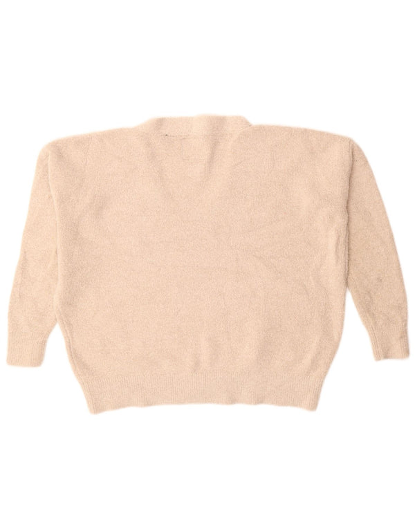 SUPERDRY Womens Oversized V-Neck Jumper Sweater UK 10 Small  Beige Acrylic