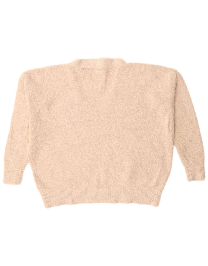SUPERDRY Womens Oversized V-Neck Jumper Sweater UK 10 Small  Beige Acrylic