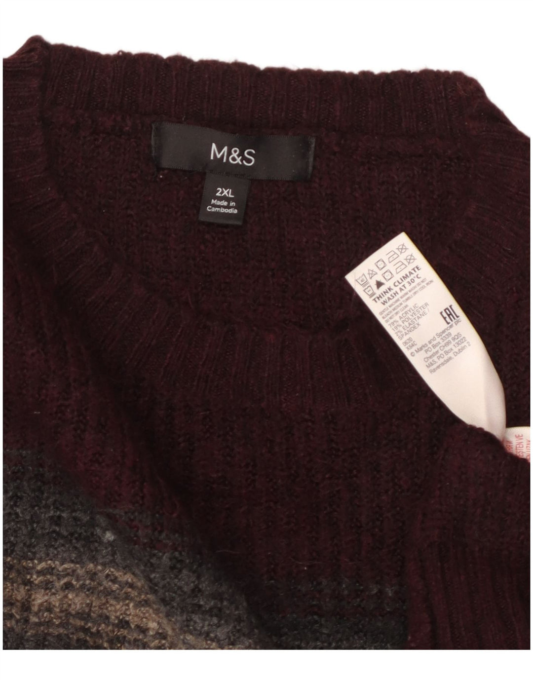 MARKS & SPENCER Mens Crew Neck Jumper Sweater 2XL Burgundy Striped Acrylic