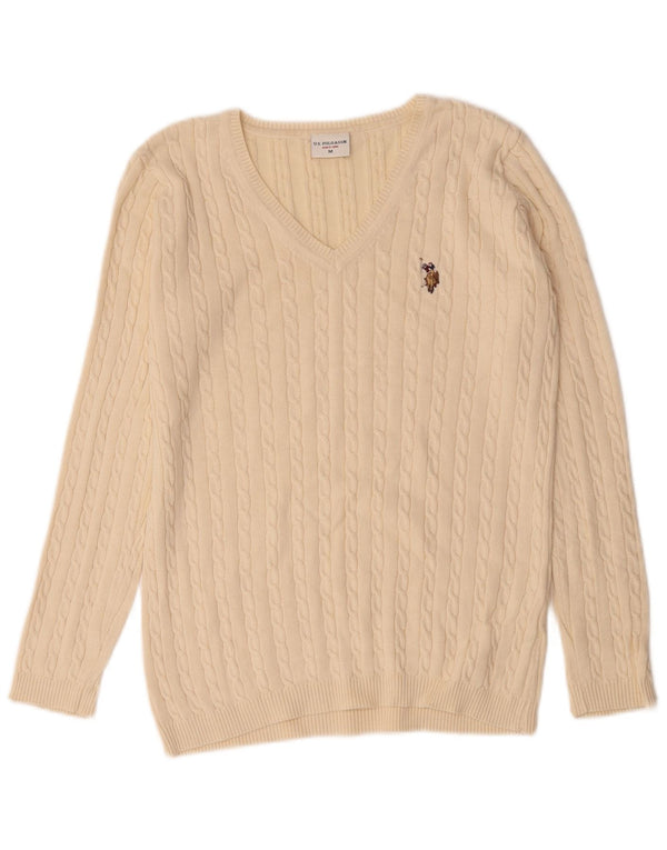 U.S. Polo Assn. Womens V-Neck Jumper Sweater UK 14 Medium Beige Cotton