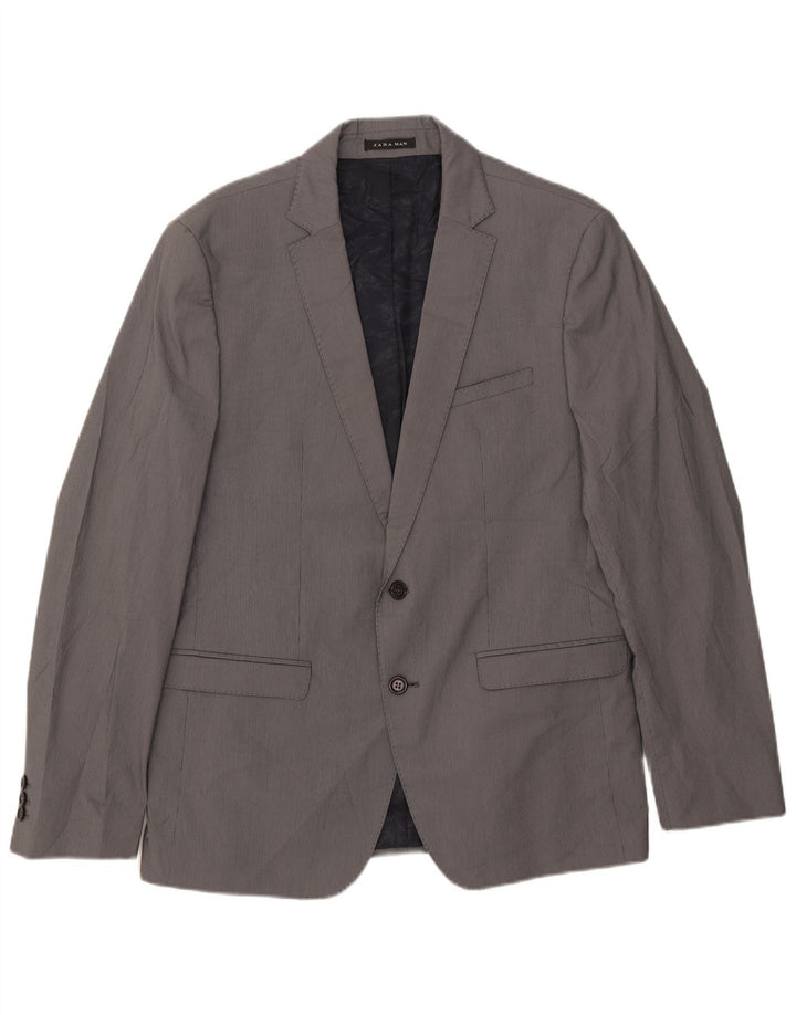 Zara Mens 2 Button Blazer Jacket EU 54 XL Grey Pinstripe Polyester