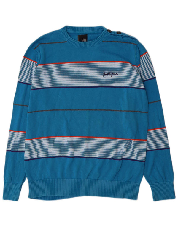 Jack & Jones Mens Crew Neck Jumper Sweater Large Blue Striped Cotton