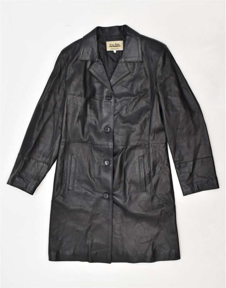 VINTAGE Womens Leather Coat IT 48 XL Black Leather