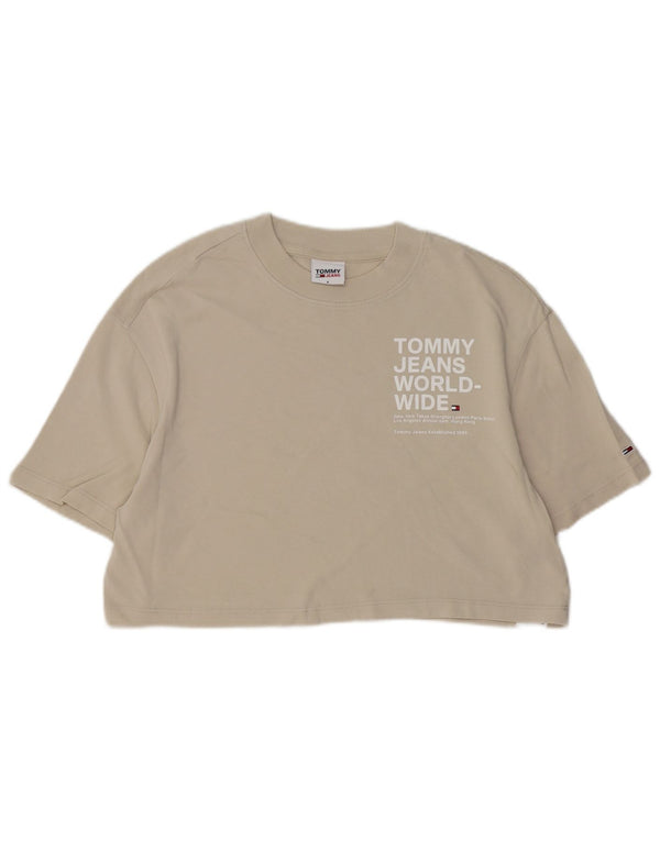 TOMMY HILFIGER Womens Oversized Crop Graphic T-Shirt Top UK 10 Small Beige