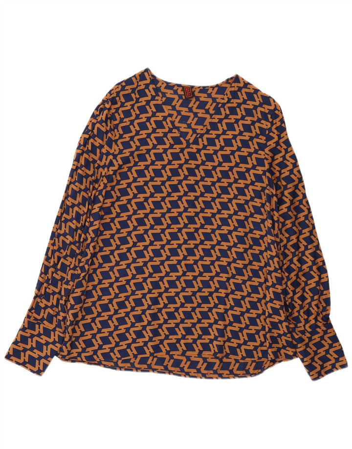 Stefanel Womens Long Sleeve Blouse Top IT 46 Large Navy Blue Geometric