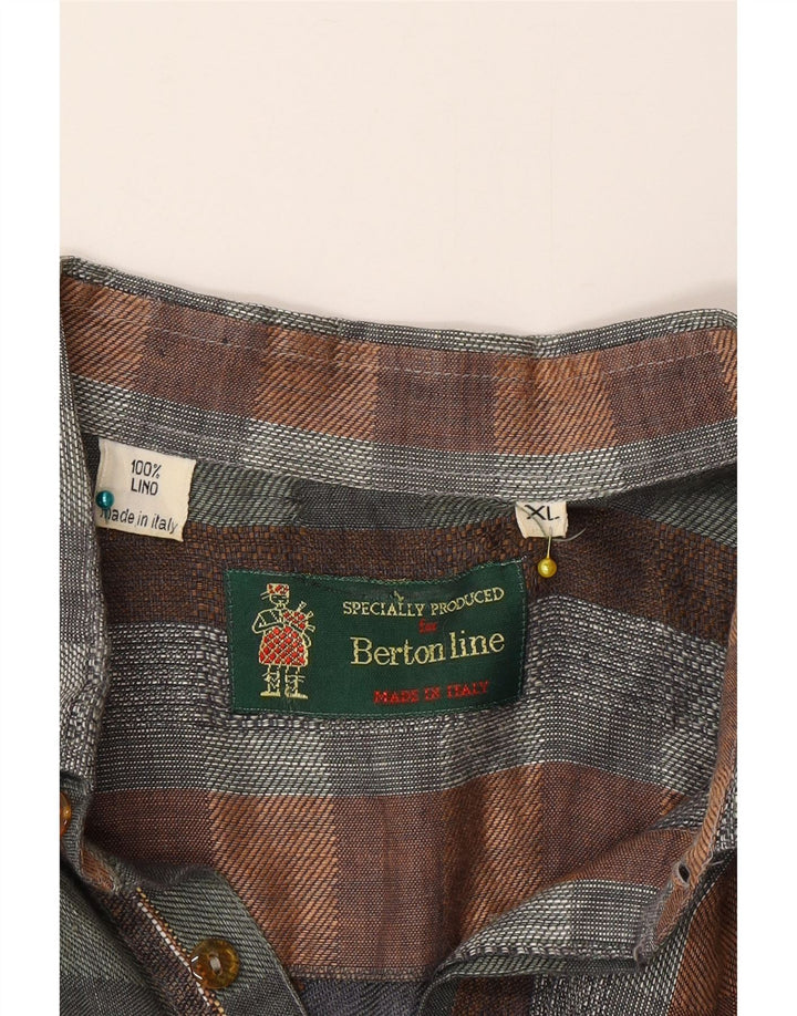 Vintage Mens Short Sleeve Pullover Shirt XL Multicoloured Check Linen