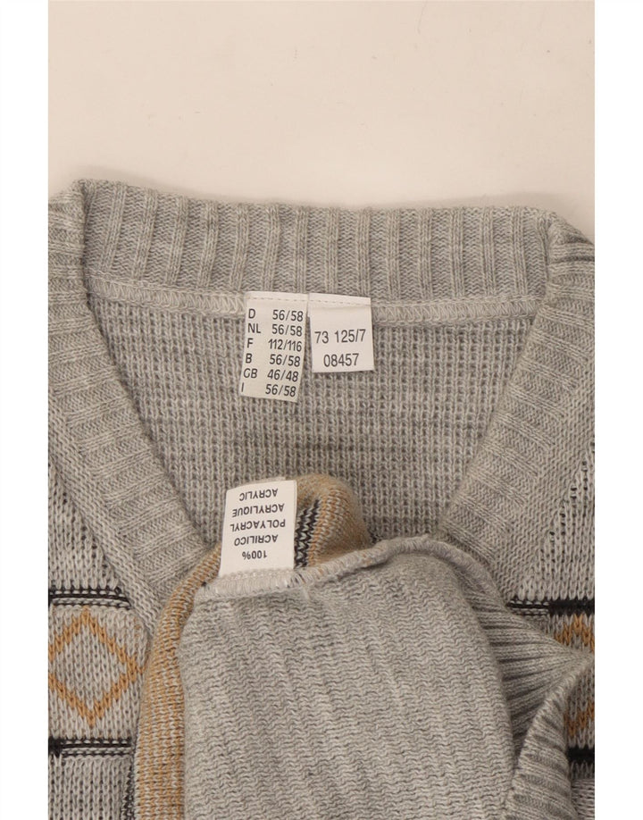 VINTAGE Mens V-Neck Jumper Sweater UK 46/48 2XL Grey Argyle/Diamond