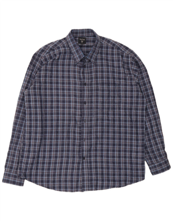 James Pringle Mens Flannel Shirt XL Navy Blue Check Polyester
