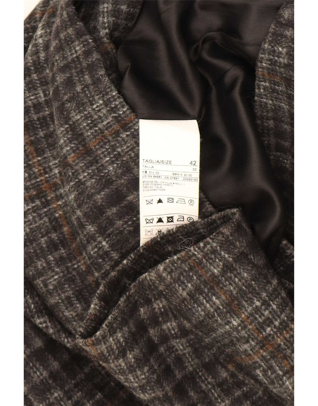 Benetton Womens Hooded Duffle Jacket IT 42 Medium Grey Check Acrylic