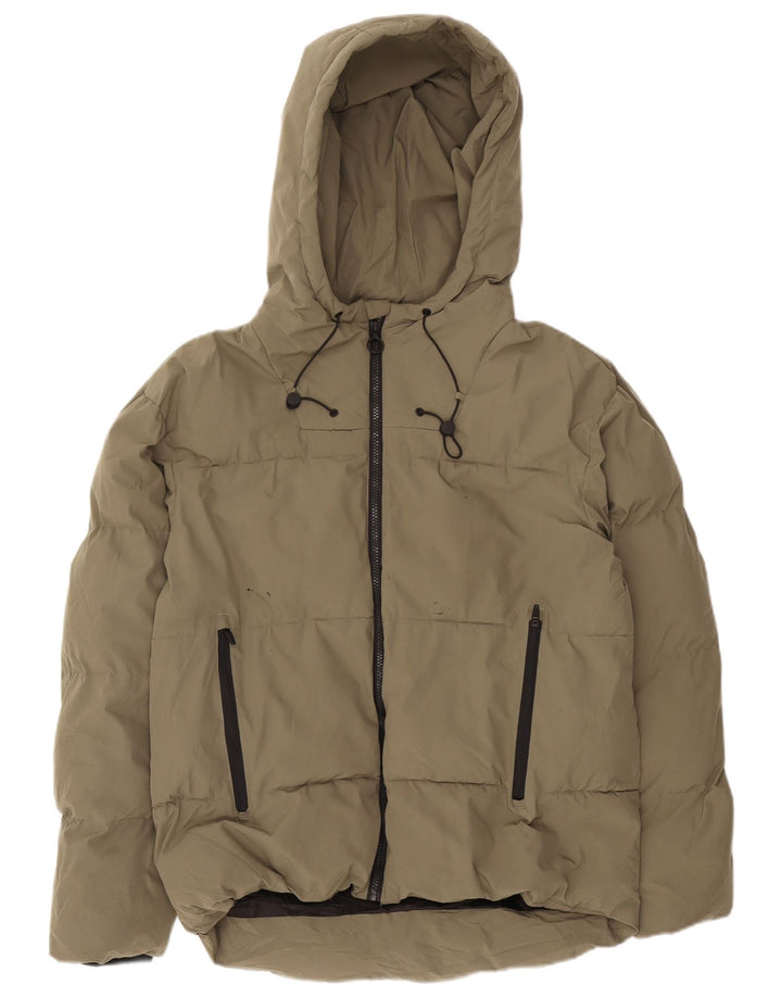 Zara Mens Hooded Padded Jacket UK 38 Medium Khaki Polyester