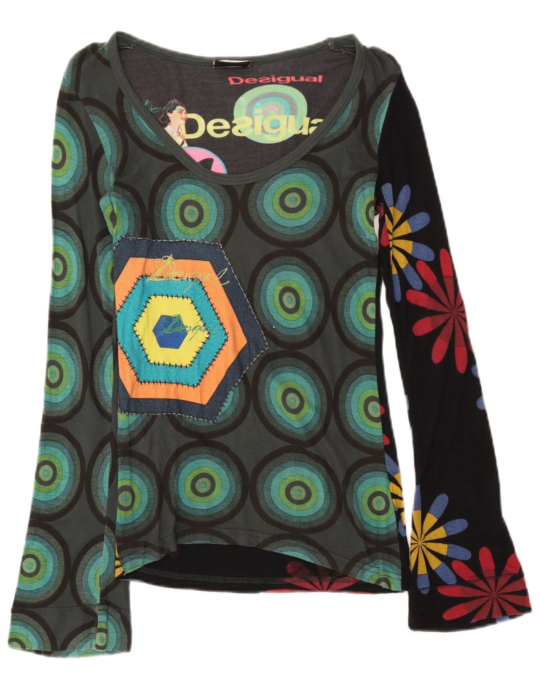 Desigual Womens Graphic Top Long Sleeve UK 8 Small Multicoloured Viscose