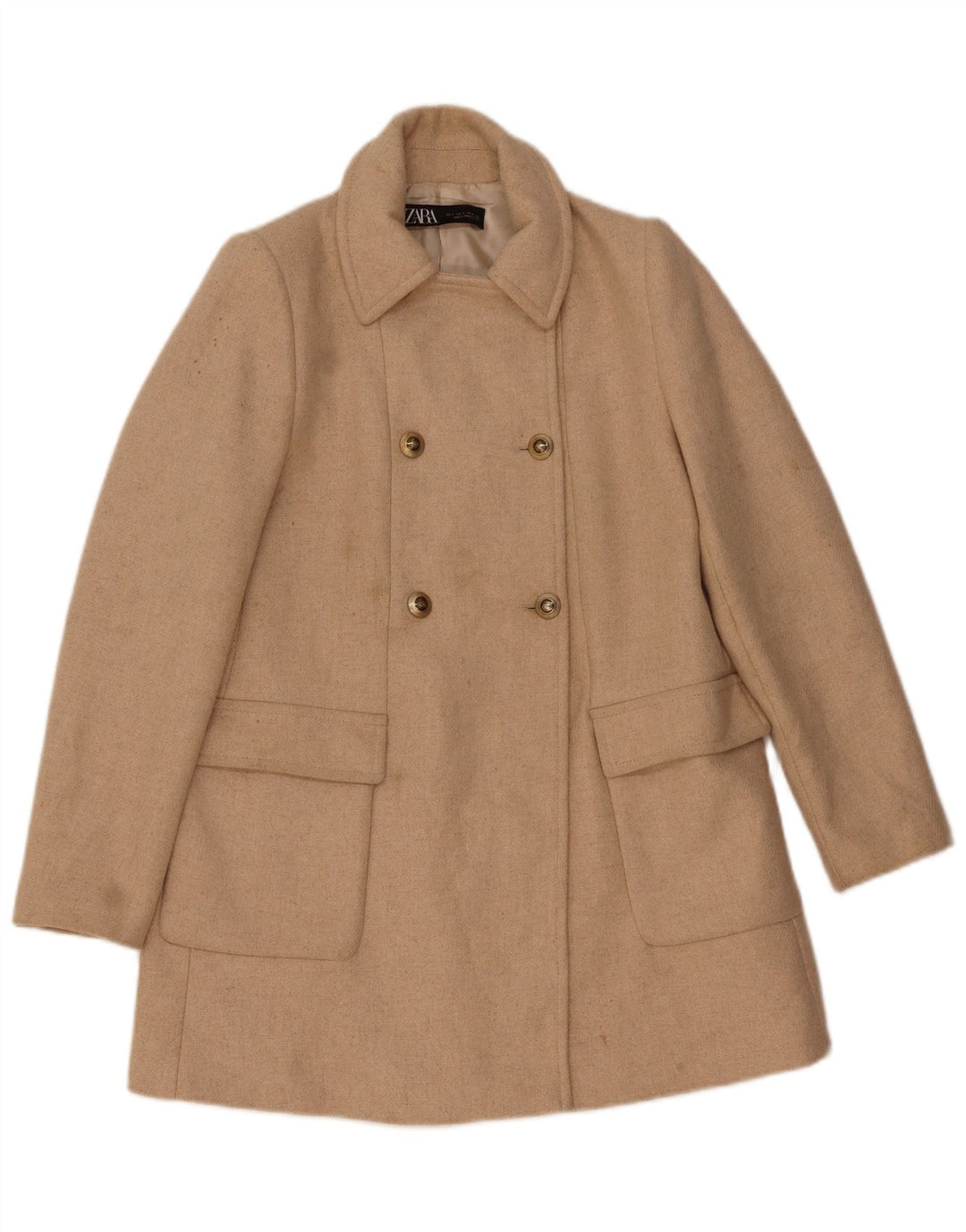 Zara Womens Double Breasted Coat UK 10 Small Beige Herringbone Wool