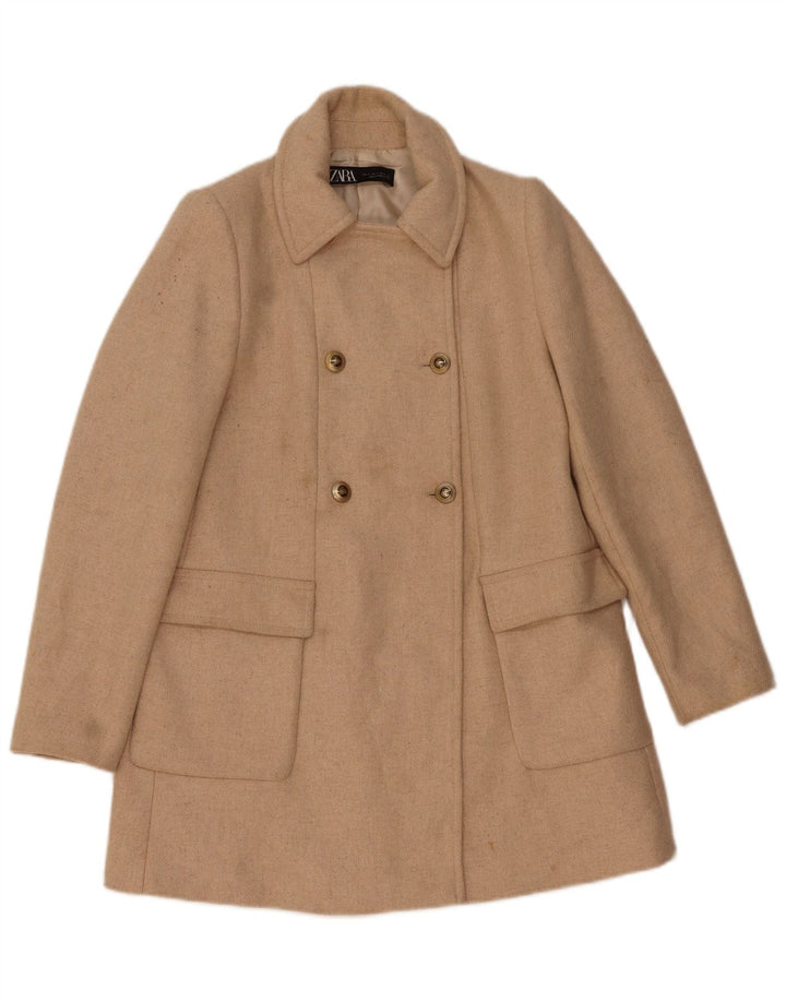 Zara Womens Double Breasted Coat UK 10 Small Beige Herringbone Wool