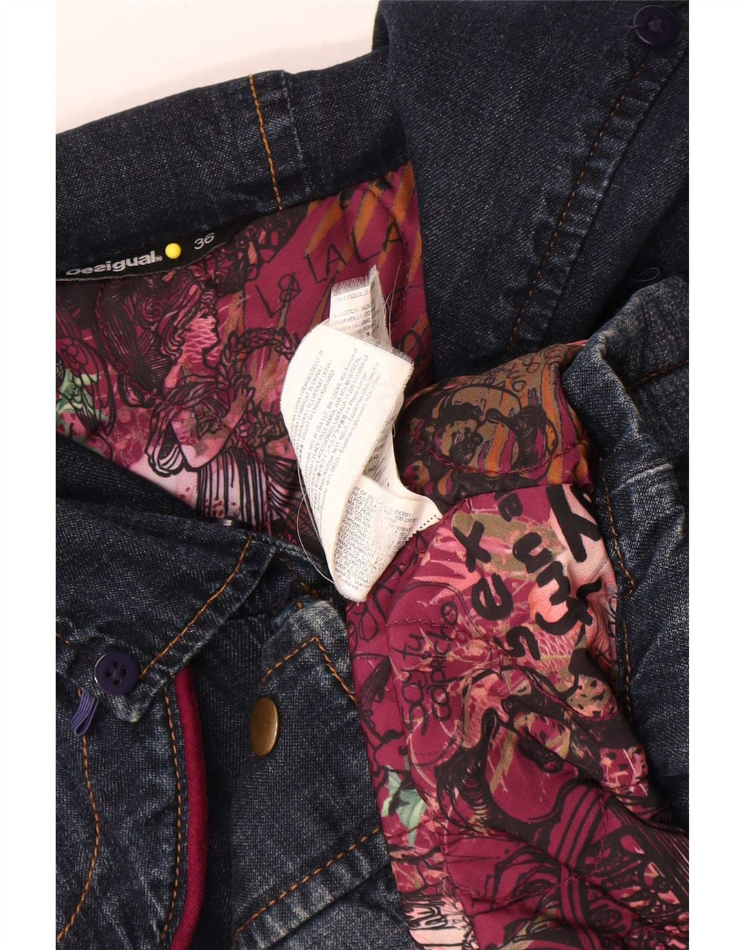 Desigual Womens Oversized Graphic Denim Coat EU 36 Small Navy Blue Floral