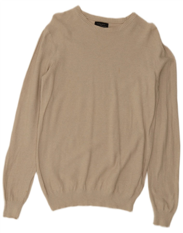 Zara Mens Crew Neck Jumper Sweater Medium Beige Cotton