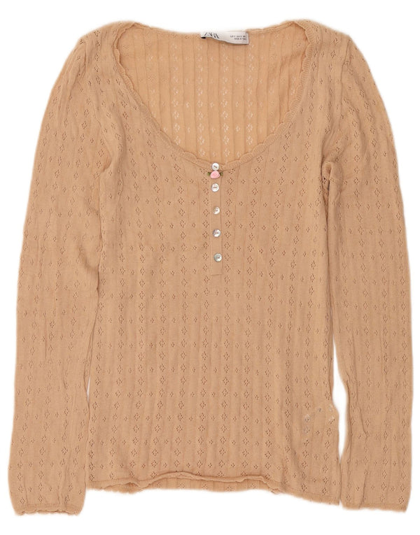 Zara Womens Top Long Sleeve UK 10 Small Beige Cotton