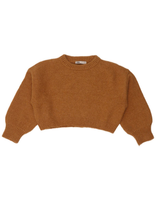 Zara Womens Crop Crew Neck Jumper Sweater UK 16 Large Brown Nylon