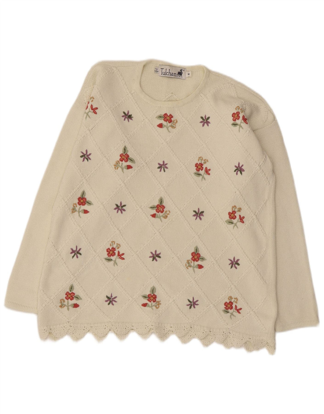 TULCHAN Womens Crew Neck Jumper Sweater UK 14 Medium White Floral Cotton