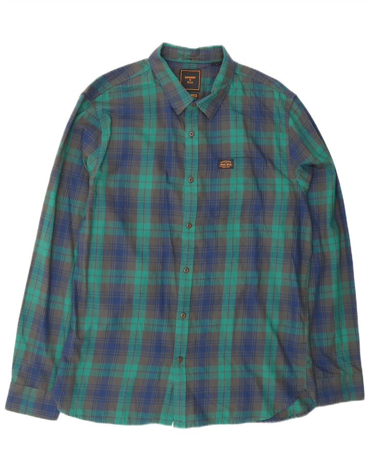 SUPERDRY Mens Flannel Shirt 2XL Green Check Cotton