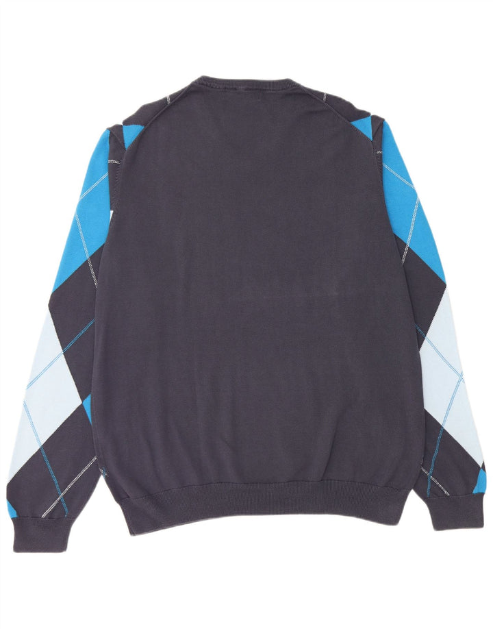 LYLE & SCOTT Mens V-Neck Jumper Sweater 2XL Navy Blue Argyle/Diamond