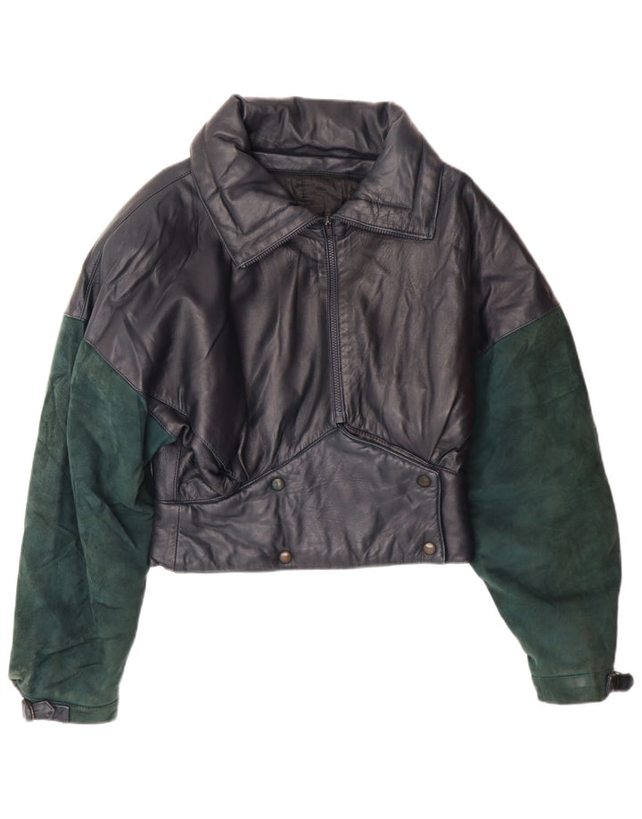 VINTAGE Womens Crop Leather Jacket UK 6 XS Navy Blue