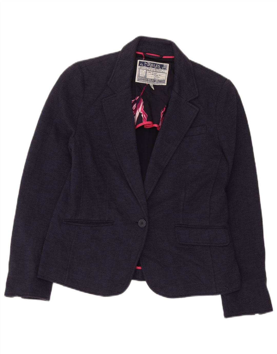 Joules Womens 1 Button Blazer Jacket UK 14 Large Navy Blue Herringbone