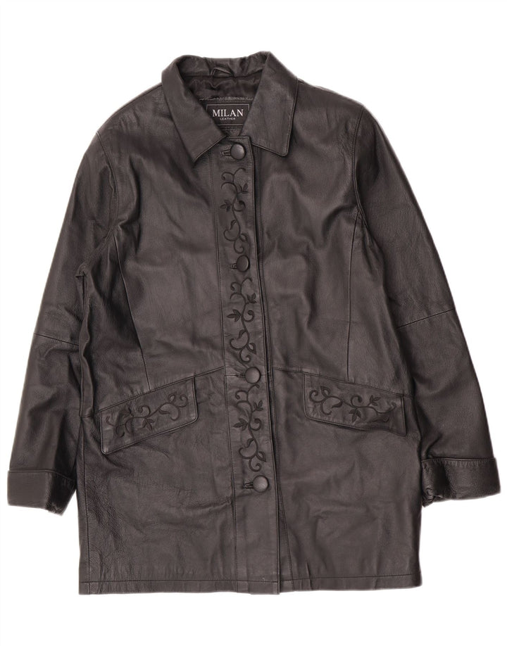 Vintage Womens Leather Coat US 12 Large Black Floral Leather