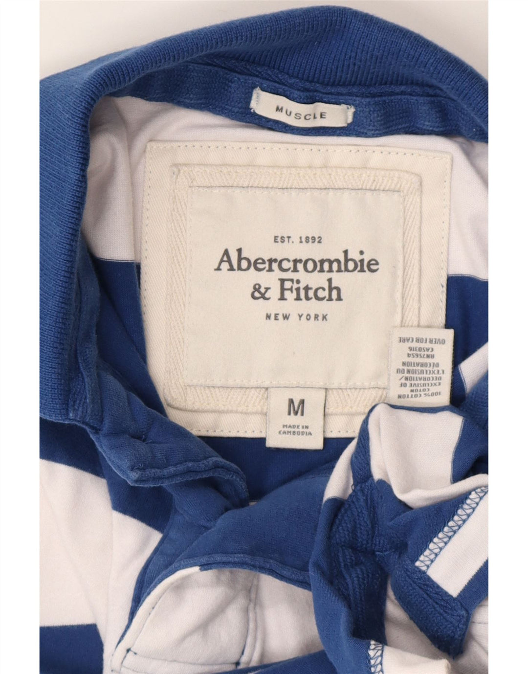 ABERCROMBIE & FITCH Mens Muscle Rugby Polo Shirt Medium Navy Blue Striped