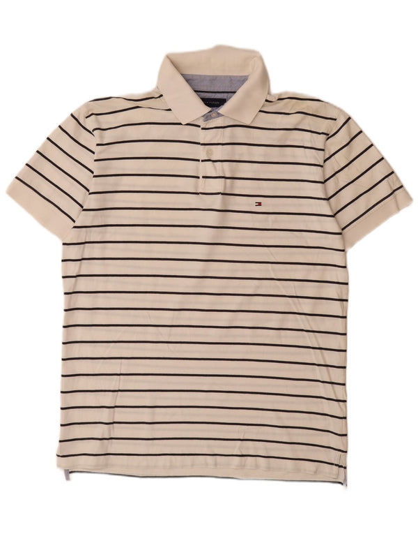TOMMY HILFIGER Mens Polo Shirt Large Off White Striped Cotton