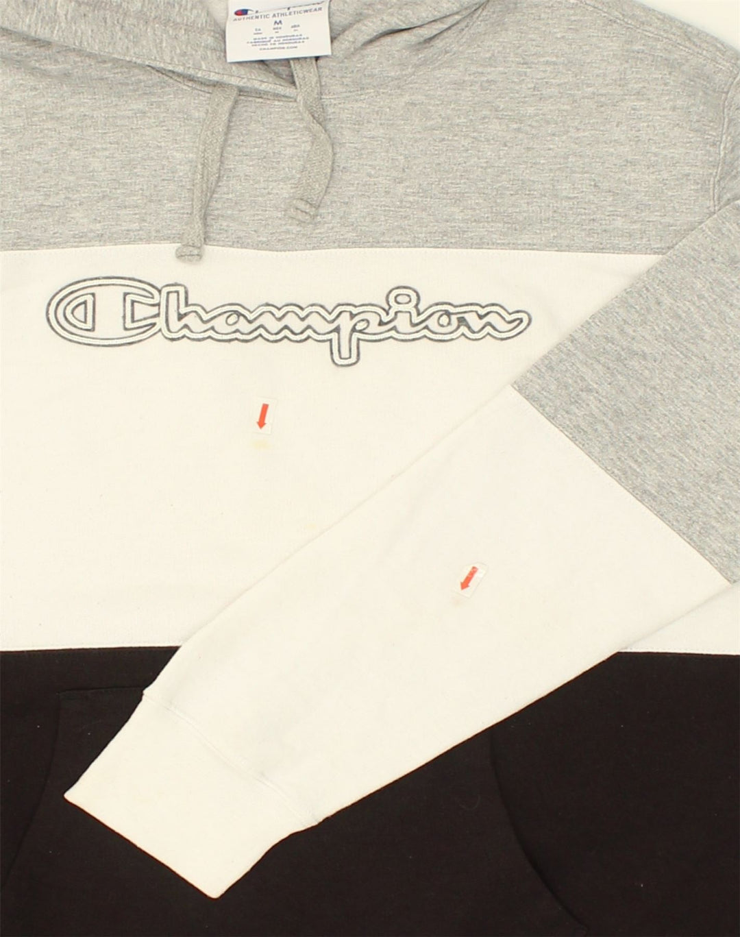 CHAMPION Mens Graphic Hoodie Jumper Medium Grey Colourblock Vintage Champion and Second-Hand Champion from Messina Hembry 