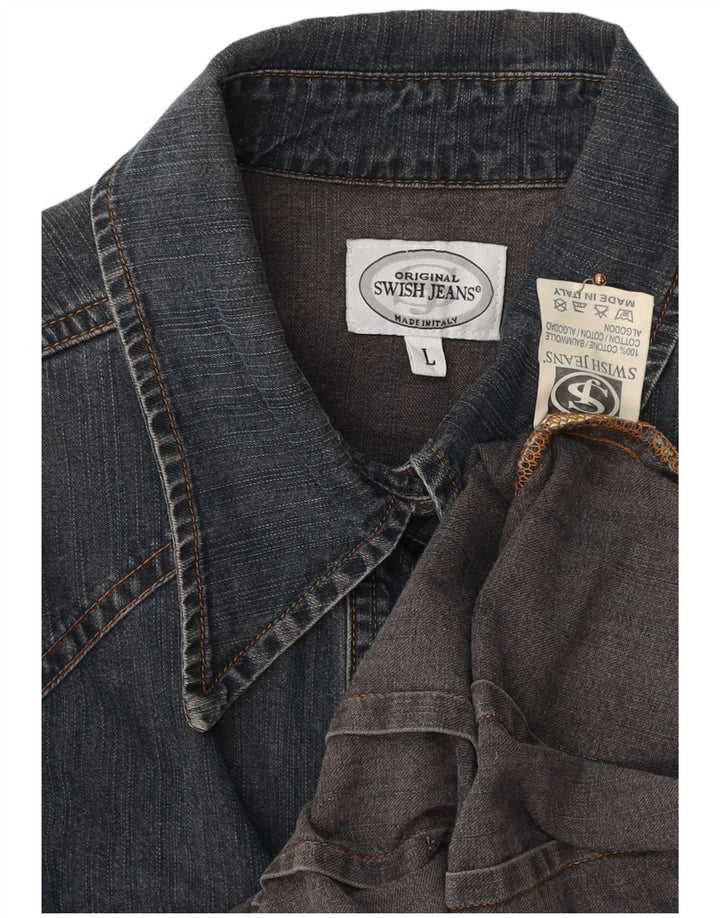 SWISH Womens Denim Shirt UK 14 Large Navy Blue Cotton