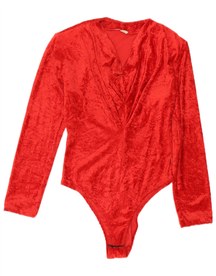 Vintage Womens Velvet Bodysuit UK 14 Medium Red Cotton