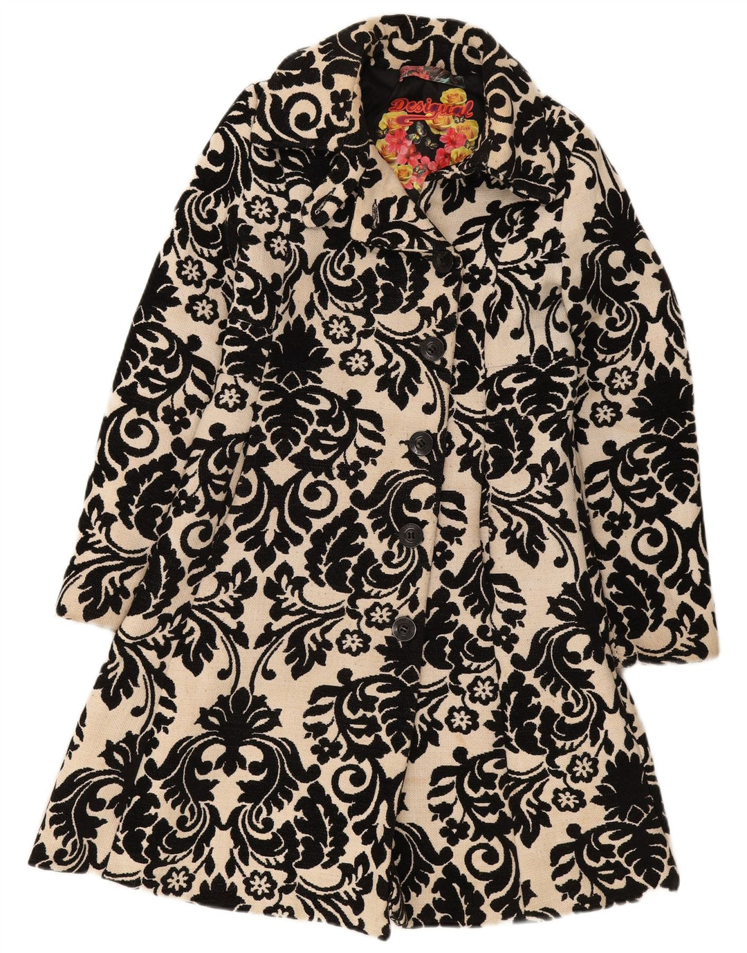 Desigual Womens Rainbow Graphic Overcoat EU 38 Medium Beige Floral