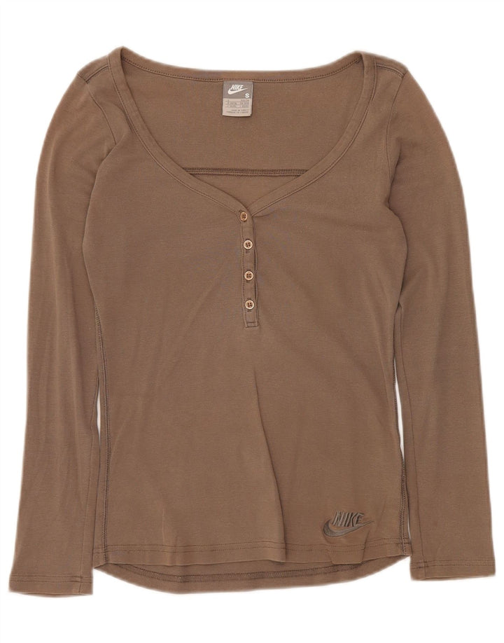NIKE Womens Top Long Sleeve UK 8/10 Small Grey Cotton