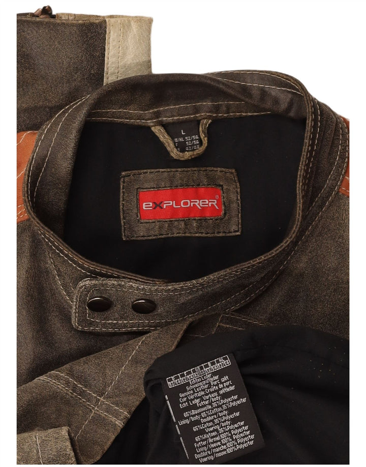 EXPLORER Mens Leather Jacket UK 40 Large Grey Colourblock Leather