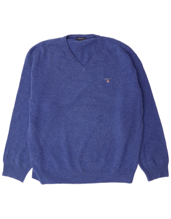 Gant Mens V-Neck Jumper Sweater 3XL Blue Lambswool Classic