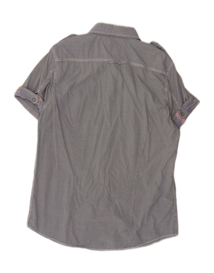 SCOTCH & SODA Mens Short Sleeve Military Shirt Large Blue Gingham Cotton