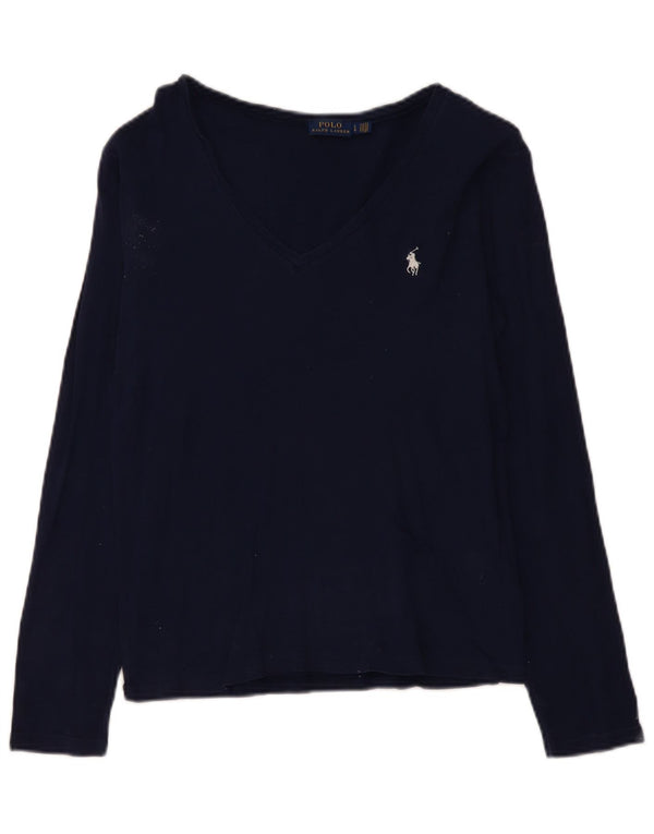 POLO RALPH LAUREN Womens Top Long Sleeve UK 14 Large Navy Blue Cotton
