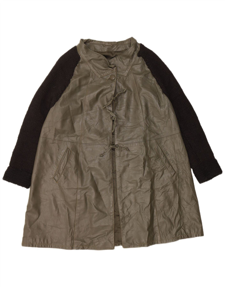 Vintage Womens Oversized Leather Coat IT 40 Small Green Colourblock Leather