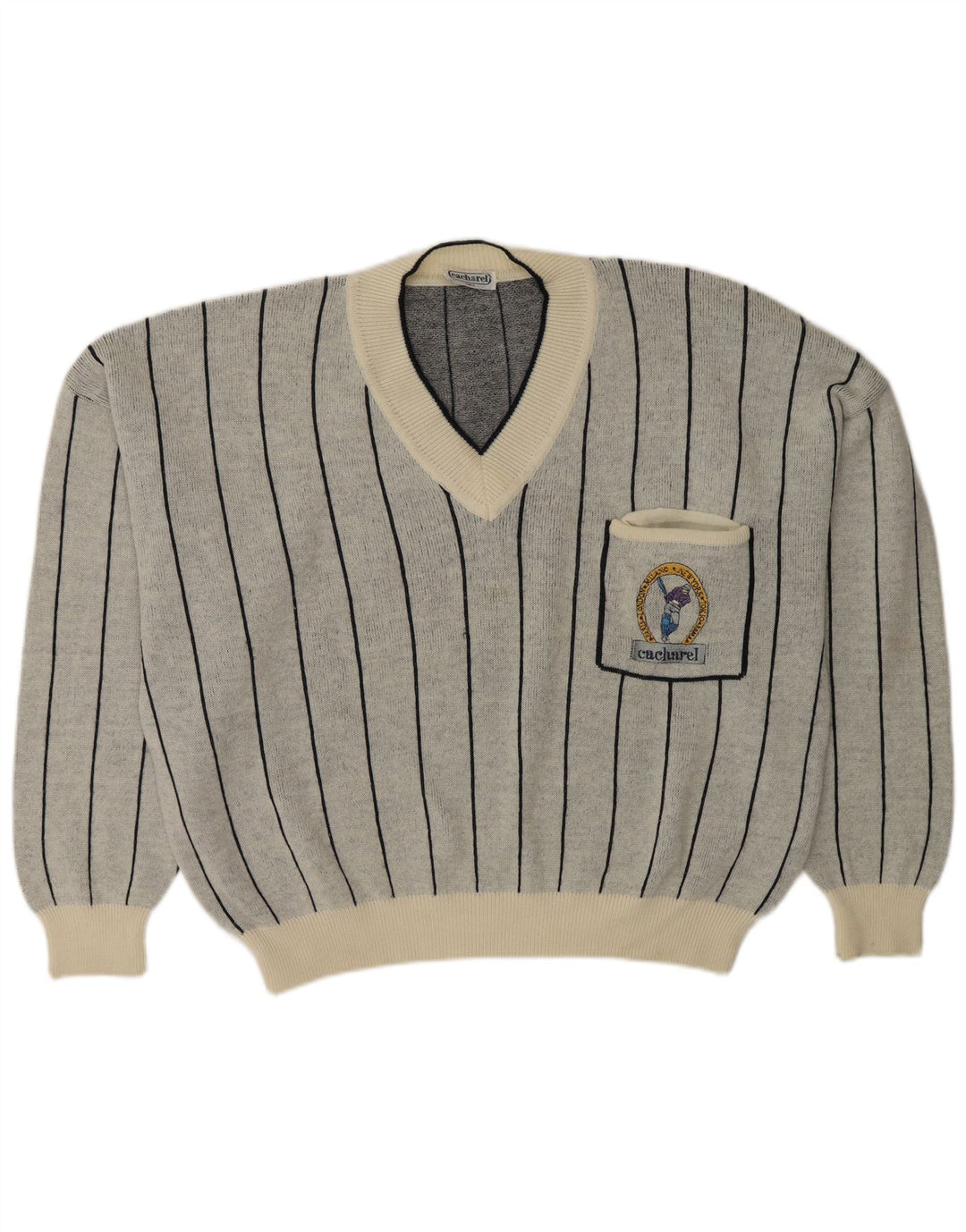 Cacharel Womens V-Neck Jumper Sweater UK 18 XL Grey Striped Wool