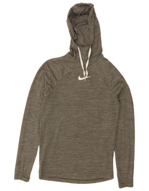 NIKE Womens Dri Fit Hoodie Jumper UK 6 XS Khaki Flecked Polyester