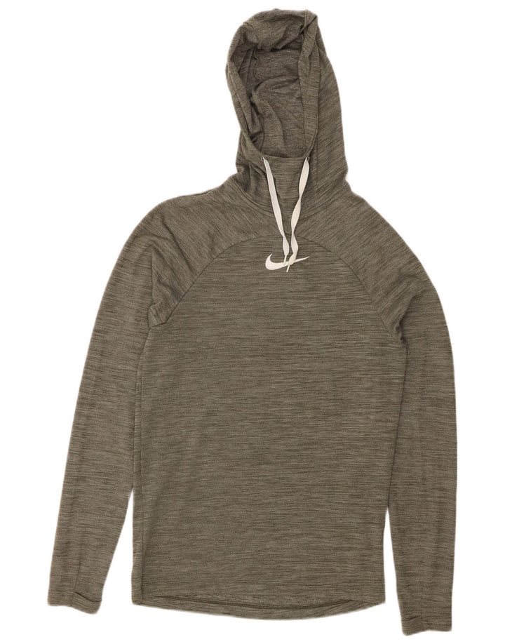 NIKE Womens Dri Fit Hoodie Jumper UK 6 XS Khaki Flecked Polyester