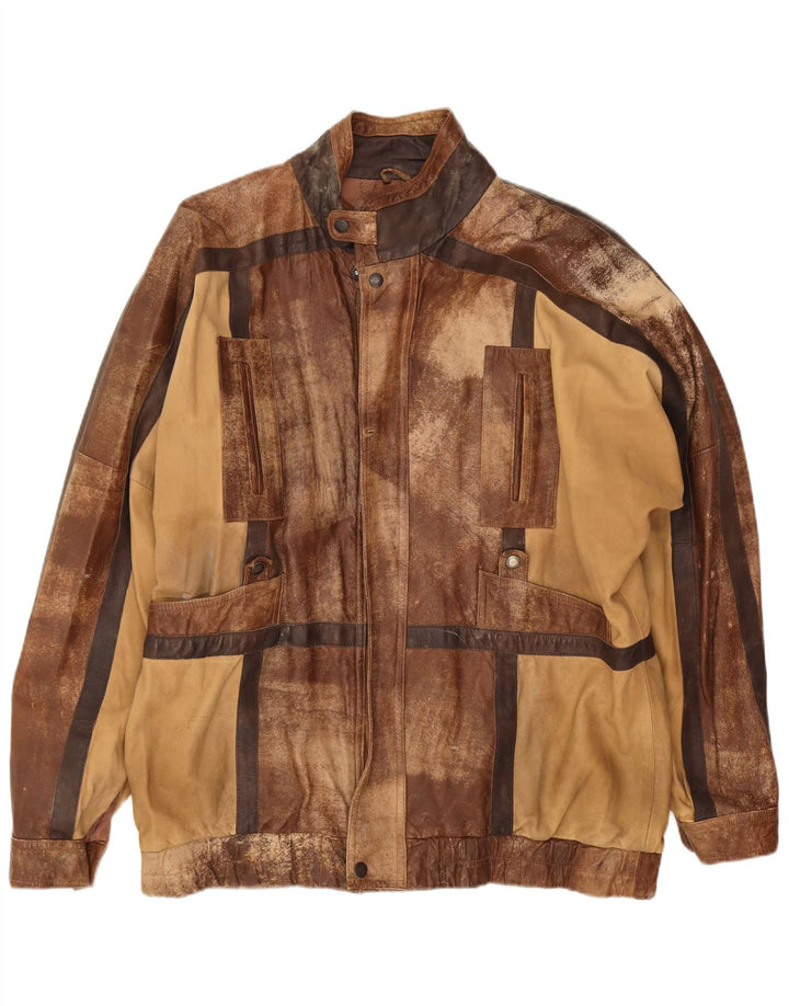 Vintage Mens Leather Jacket UK 44 2XL Brown Patchwork
