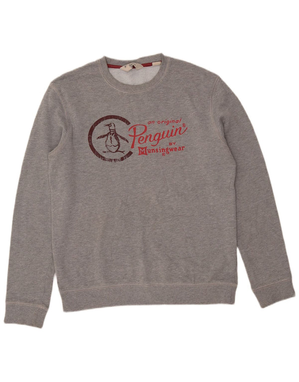 PENGUIN Mens Graphic Sweatshirt Jumper Large Grey Cotton