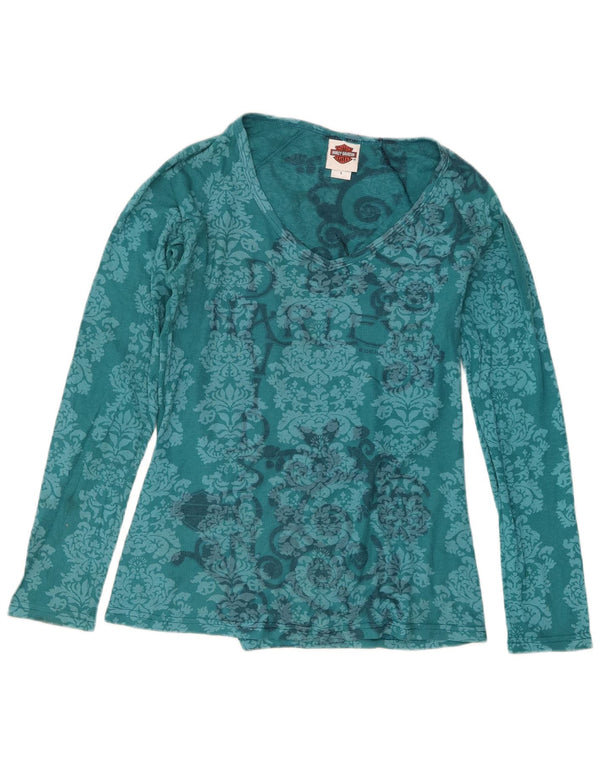 Harley Davidson Womens Top Long Sleeve UK 14 Large Blue Paisley Cotton
