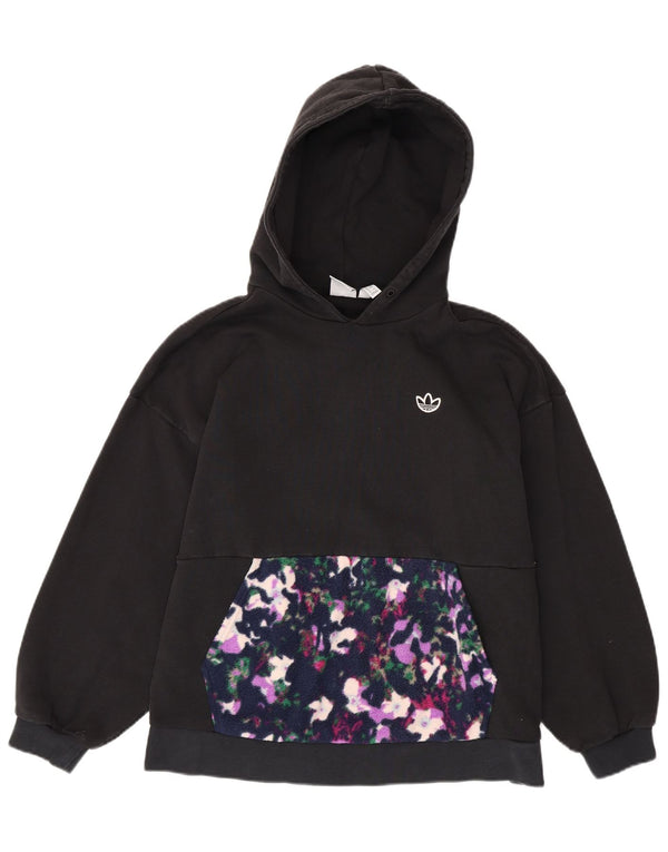 ADIDAS Womens Oversized Hoodie Jumper UK 10 Small Black Floral Cotton